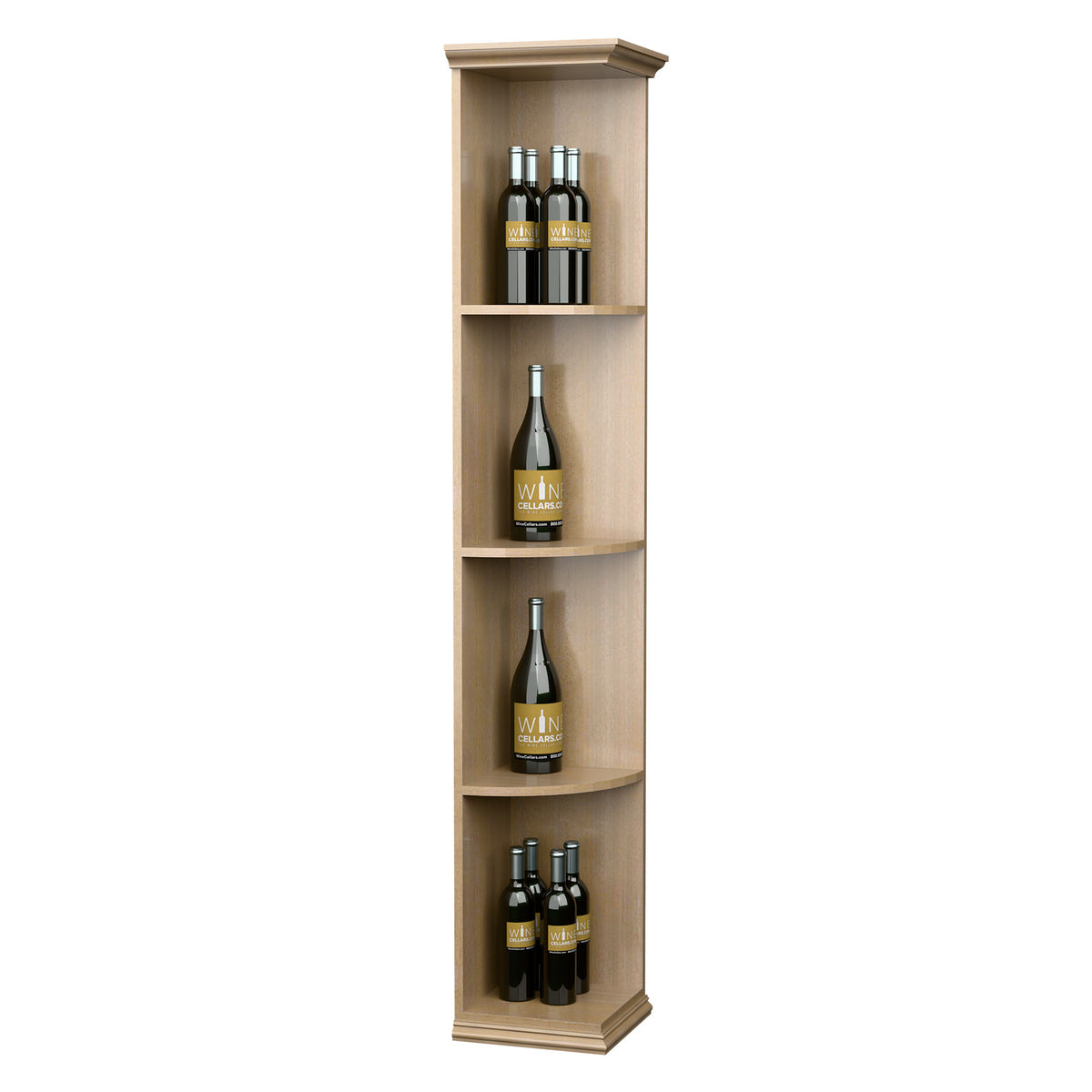 Solid quarter round shelf with square base, light wood, three curved levels