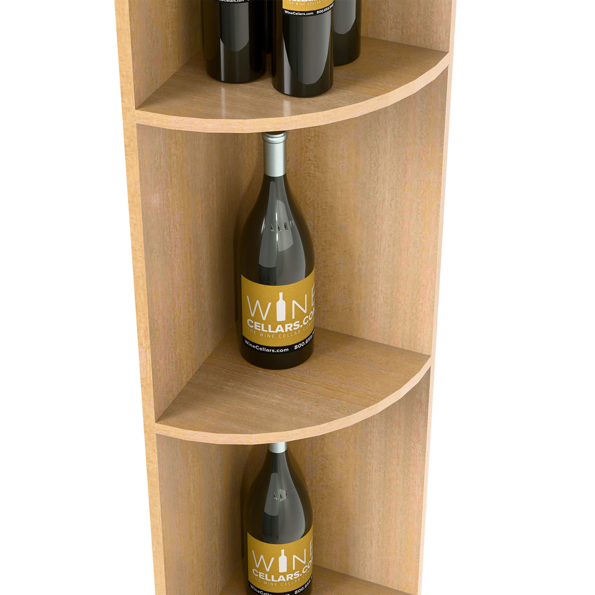 Light wood quarter round shelf with square base and curved shelves, bottle display