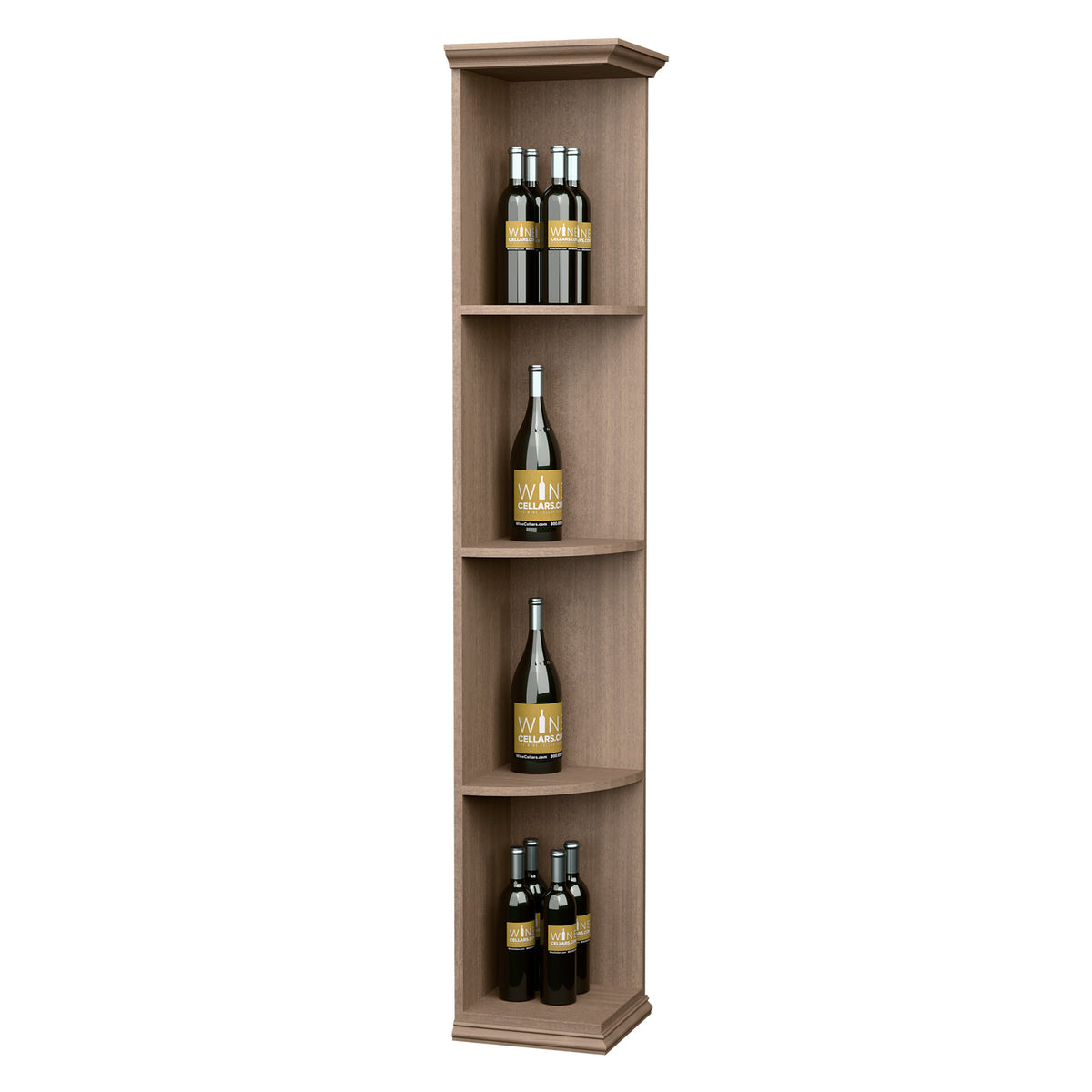 Solid quarter round corner shelf with square base, light wood, three tier shelves