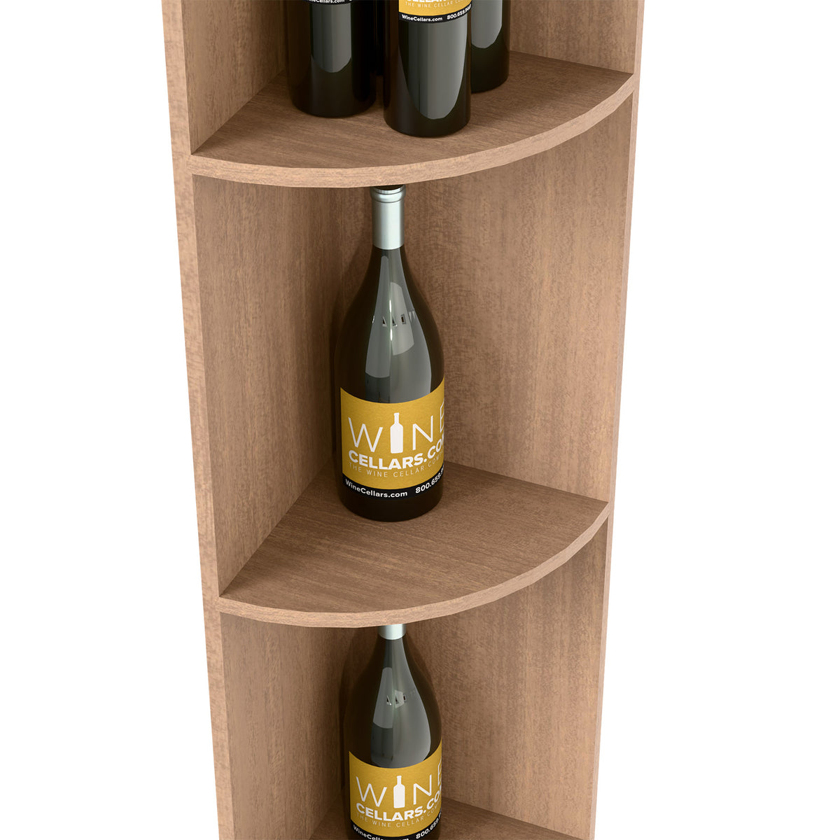 Light wood quarter round shelf with square base, two curved compartments with bottles