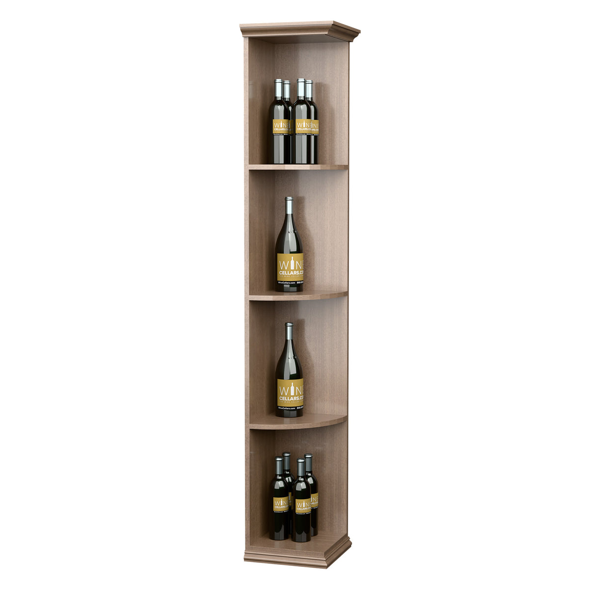 Solid quarter round shelf with square base in light wood, three curved openings