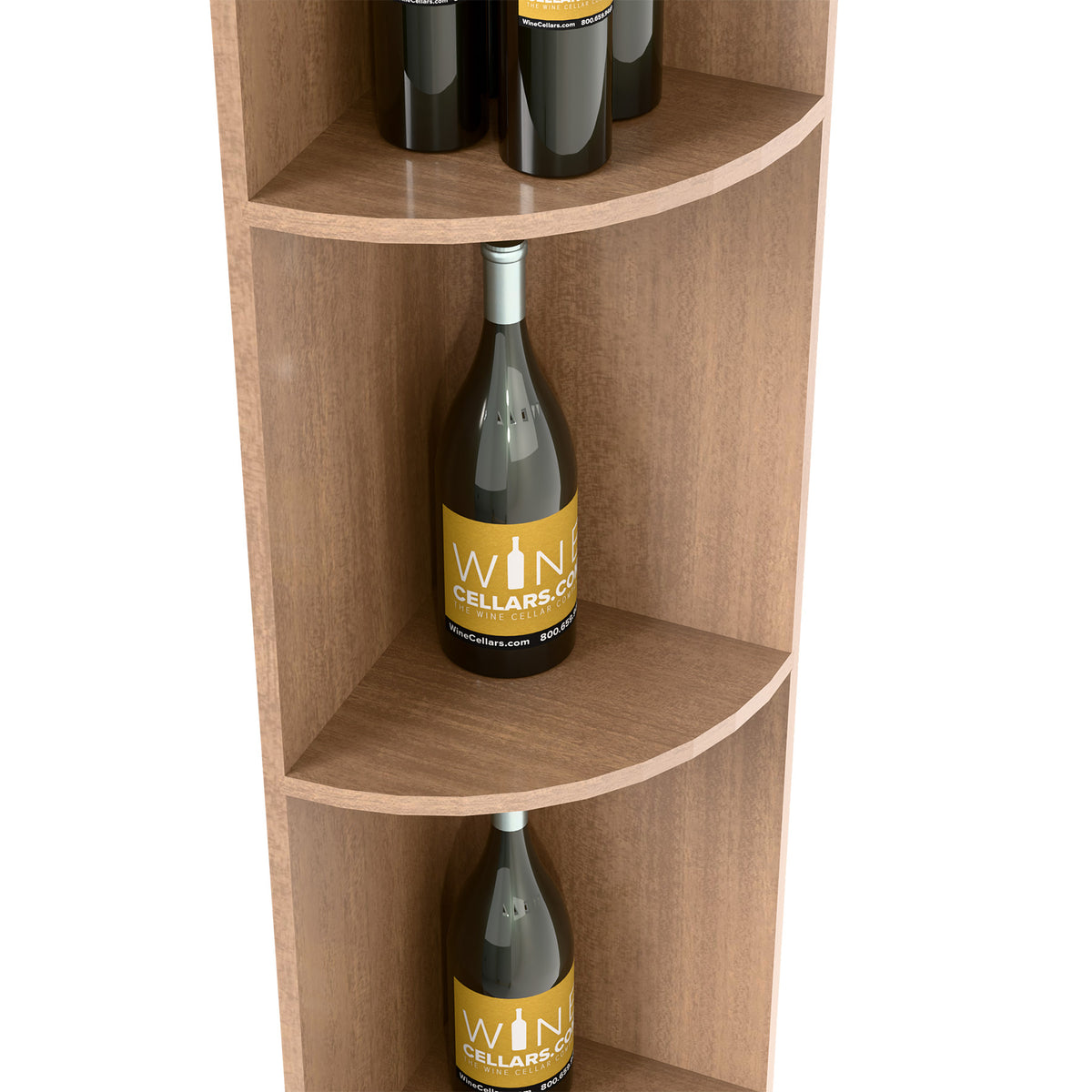 Light wood quarter round shelf with square base and curved shelves, bottle storage