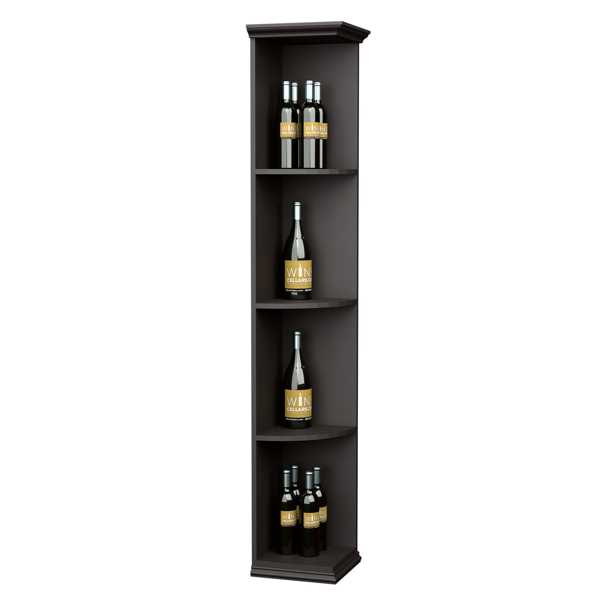 Solid quarter round shelf with square base, dark finish, three curved levels