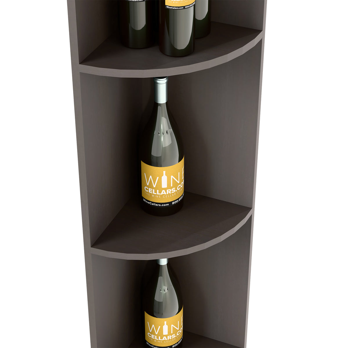Dark-finish quarter round shelf with square base and curved shelves, bottle display