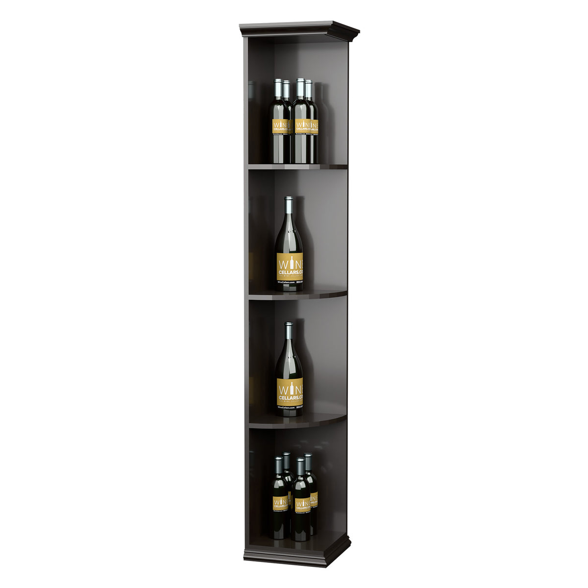 Solid quarter round corner shelf with square base, dark finish, three tier shelves