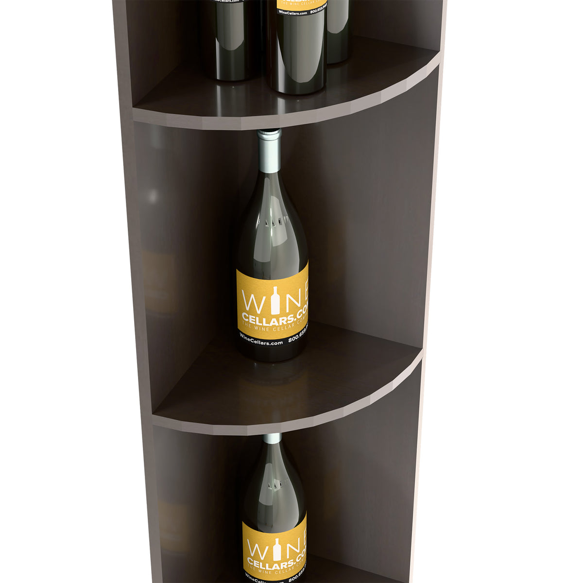 Dark-finish quarter round shelf with square base, two curved compartments with bottles