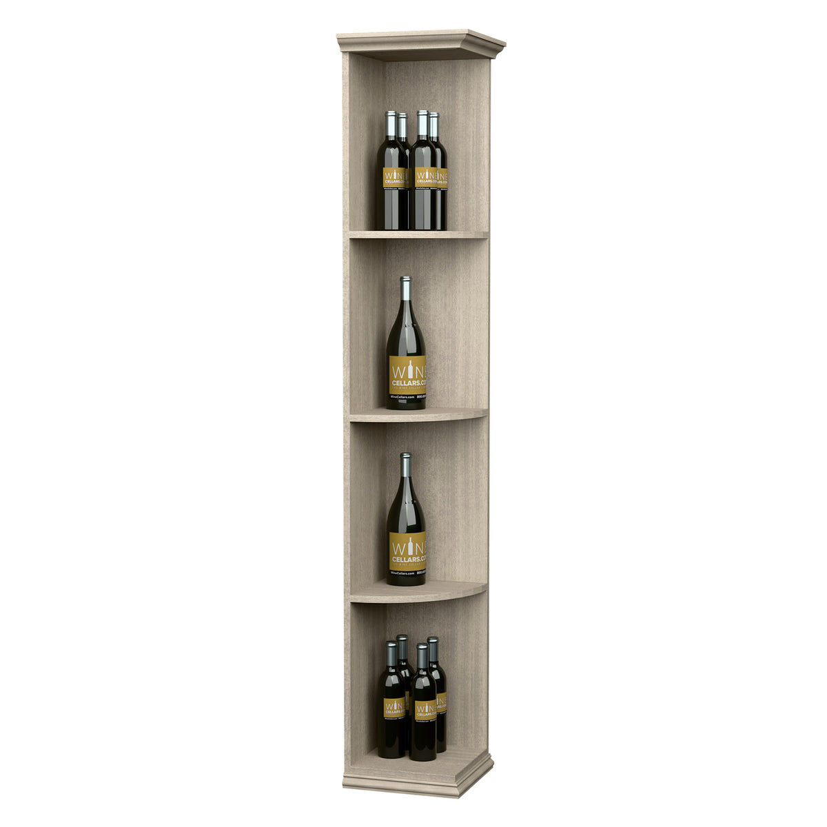 Quarter-round corner shelf with square base, light wood finish, four bottle cubbies.