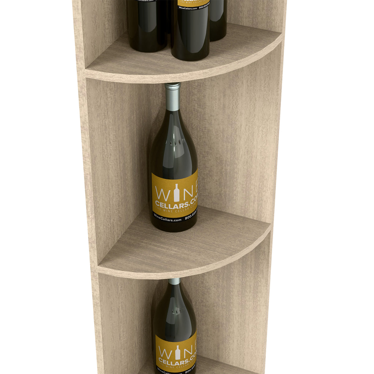 Curved quarter-round shelves holding bottles inside a light wood square-frame cabinet.