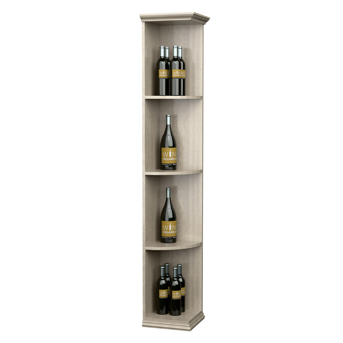 Quarter-round corner shelf with square base, light wood cabinet with four bottle spaces.