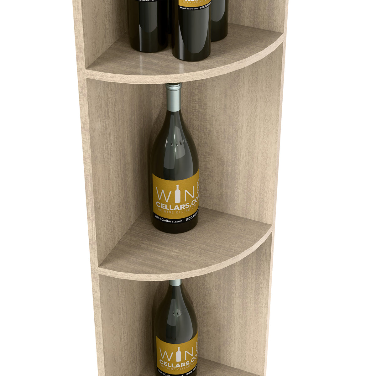 Close view of quarter-round shelves in a light wood cabinet with bottle storage.