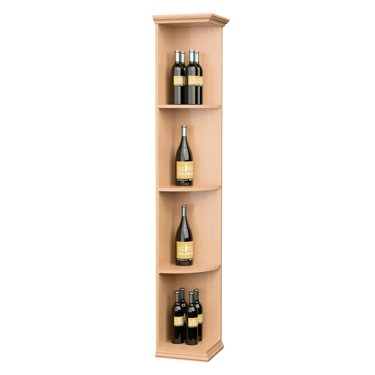 Quarter-round corner shelf with square base, natural light wood cabinet and four bottle spaces.