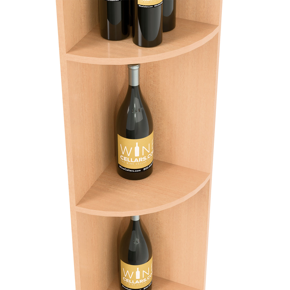 Close-up of quarter-round shelves in a natural light wood cabinet for bottles.