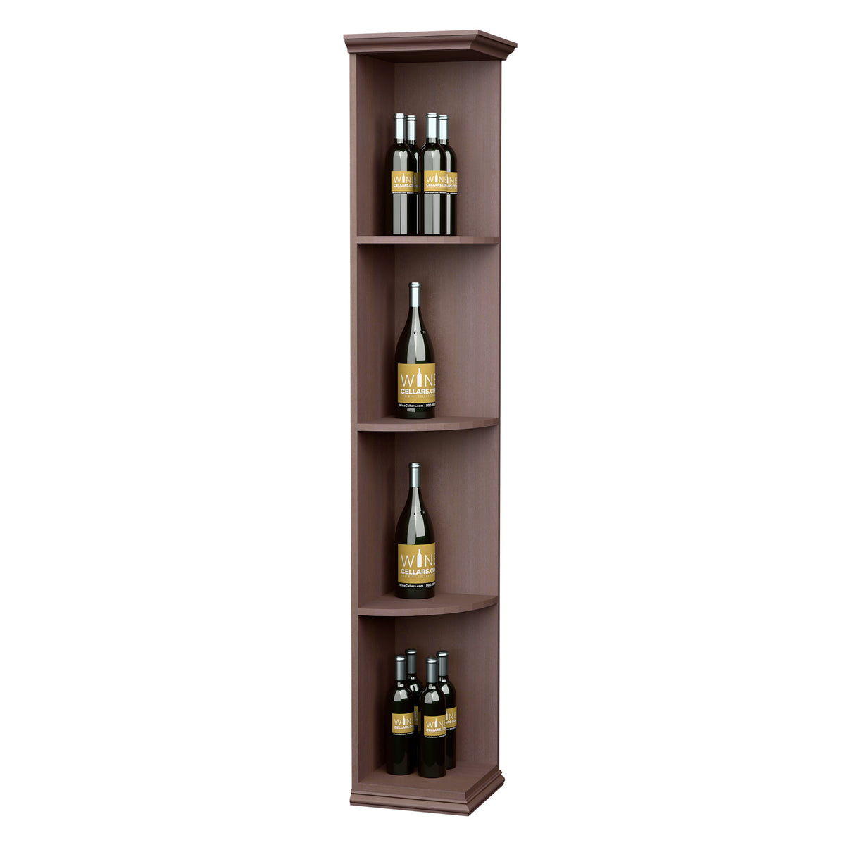 Quarter-round corner shelf with square base, dark wood finish, four bottle cubbies.