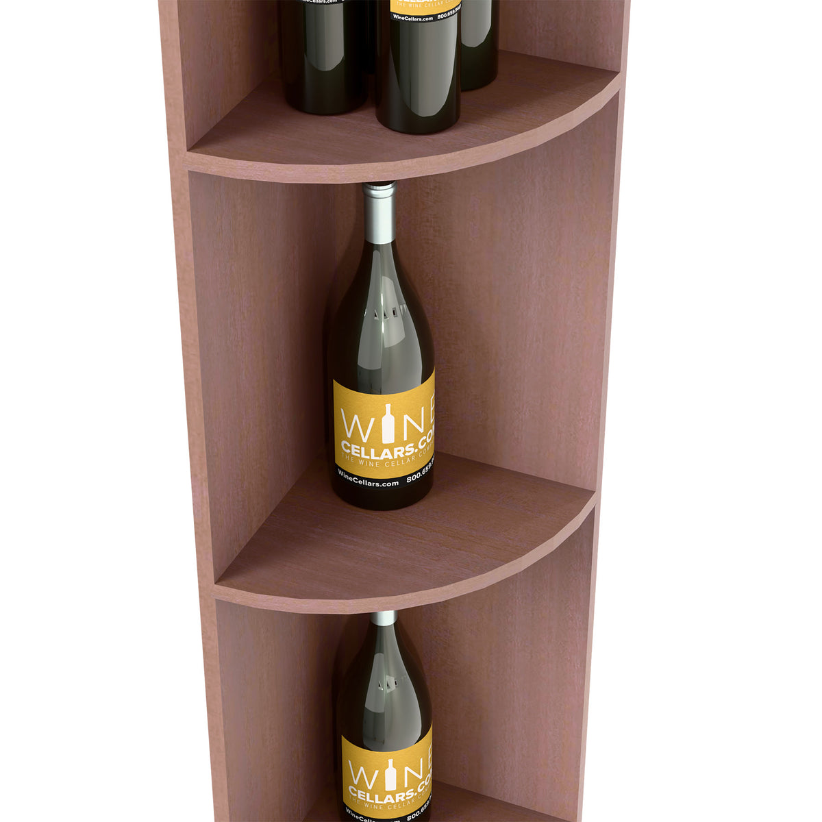 Curved quarter-round shelves in a dark wood cabinet holding bottles.