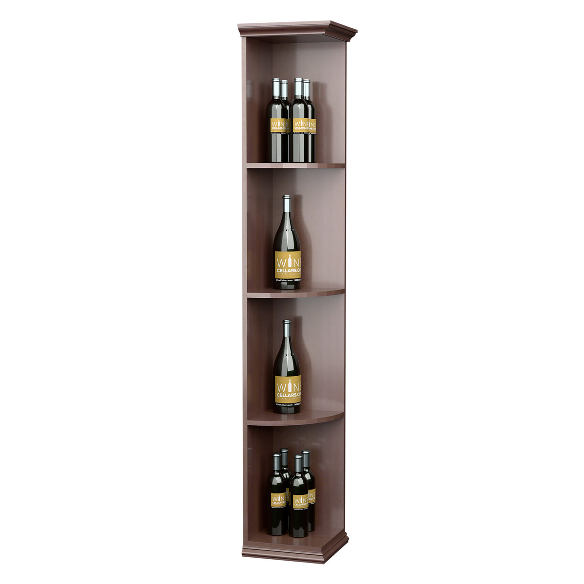 Dark wood quarter-round wine shelf with square base, curved tiers holding bottles