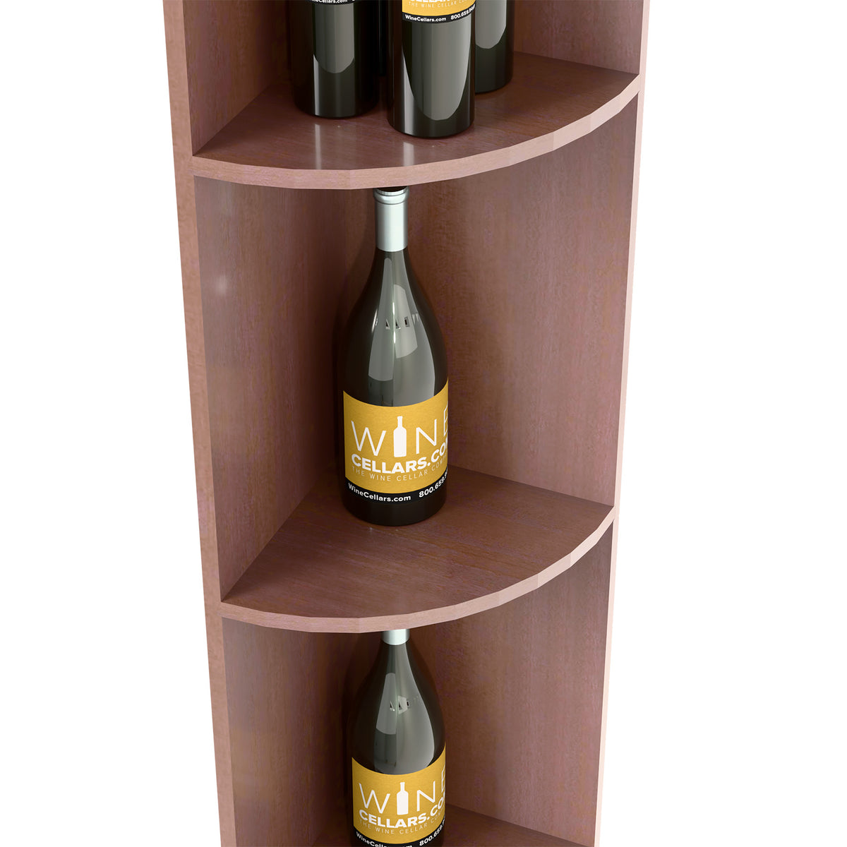 Dark wood quarter-round wine shelf close-up, curved tier storing a wine bottle