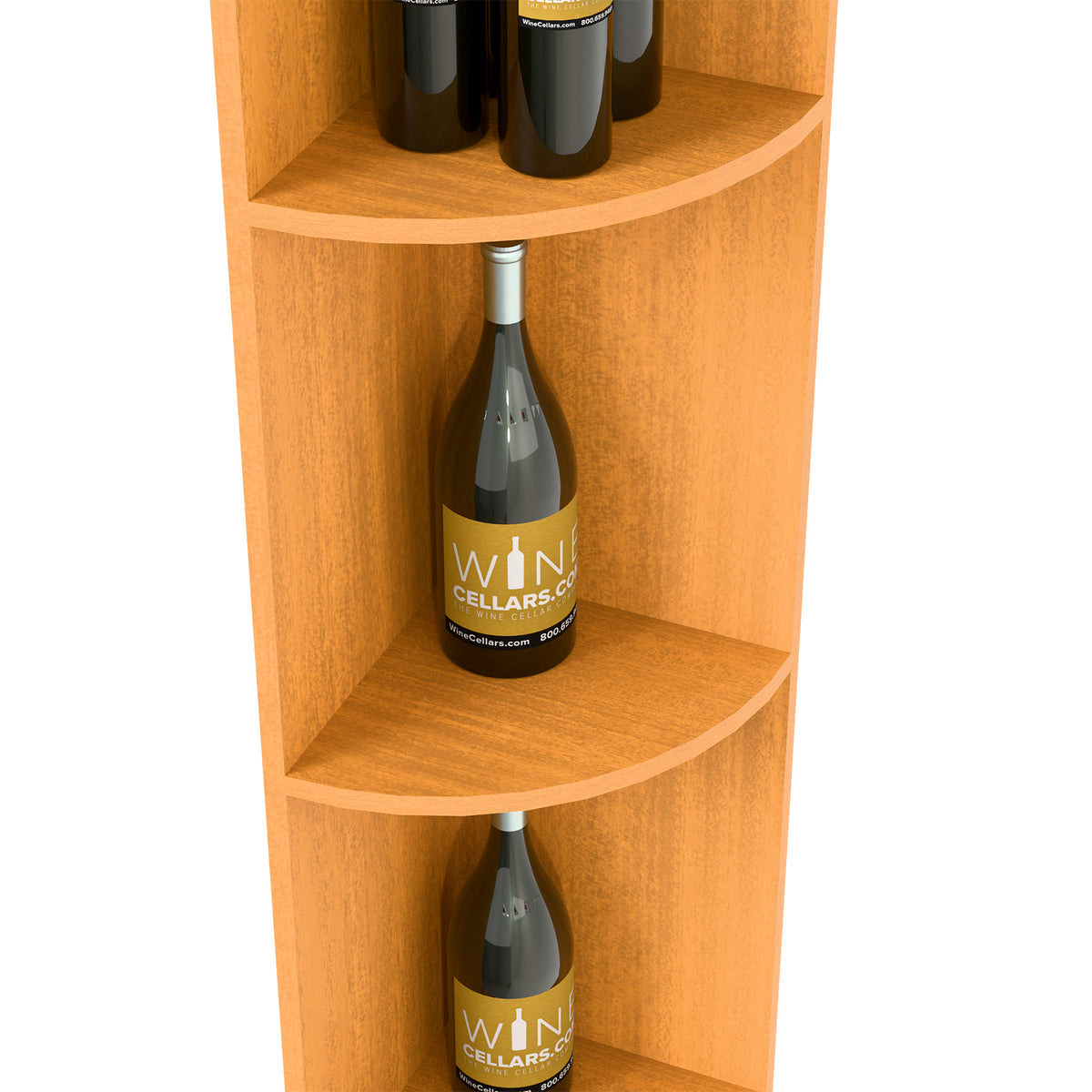 Light wood quarter-round wine shelf close-up with curved tier holding a wine bottle