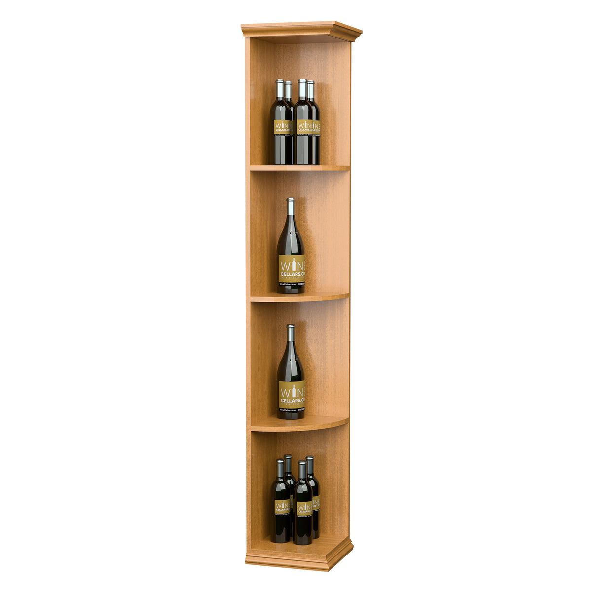 Light wood quarter-round wine shelf with square base and curved shelves for bottles