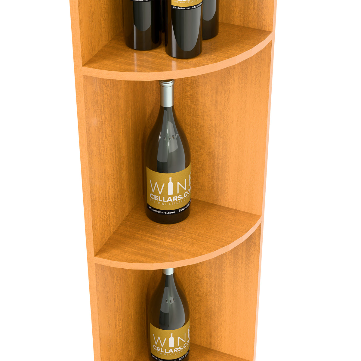 Light wood quarter-round wine shelf close-up showing curved tier and bottle storage