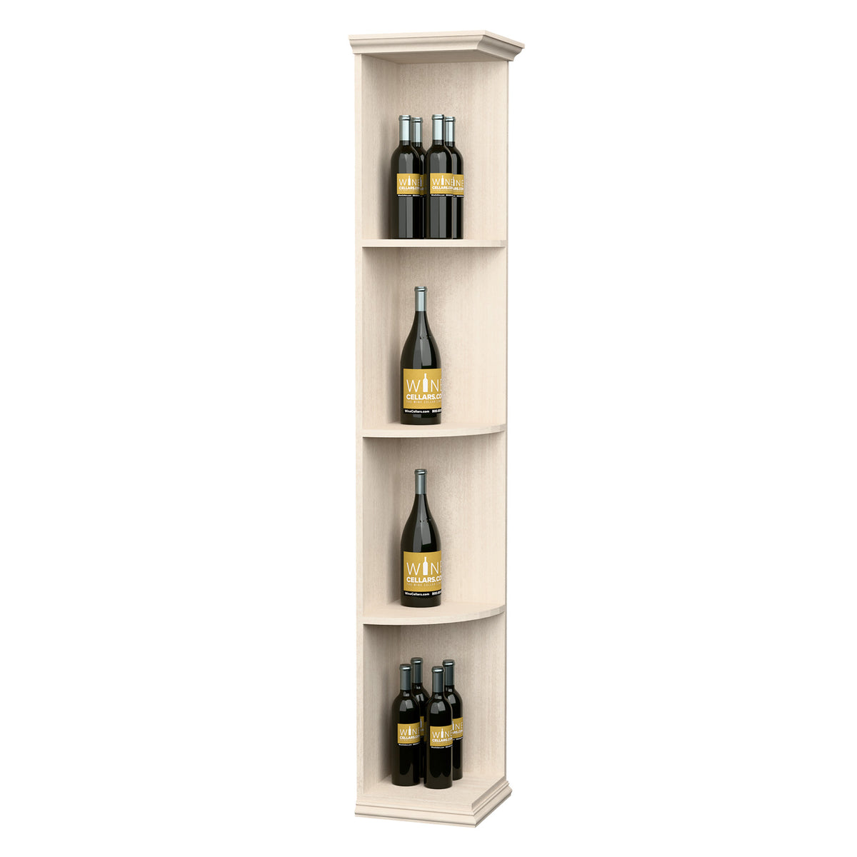 White quarter-round wine shelf with square base and curved tiers holding bottles