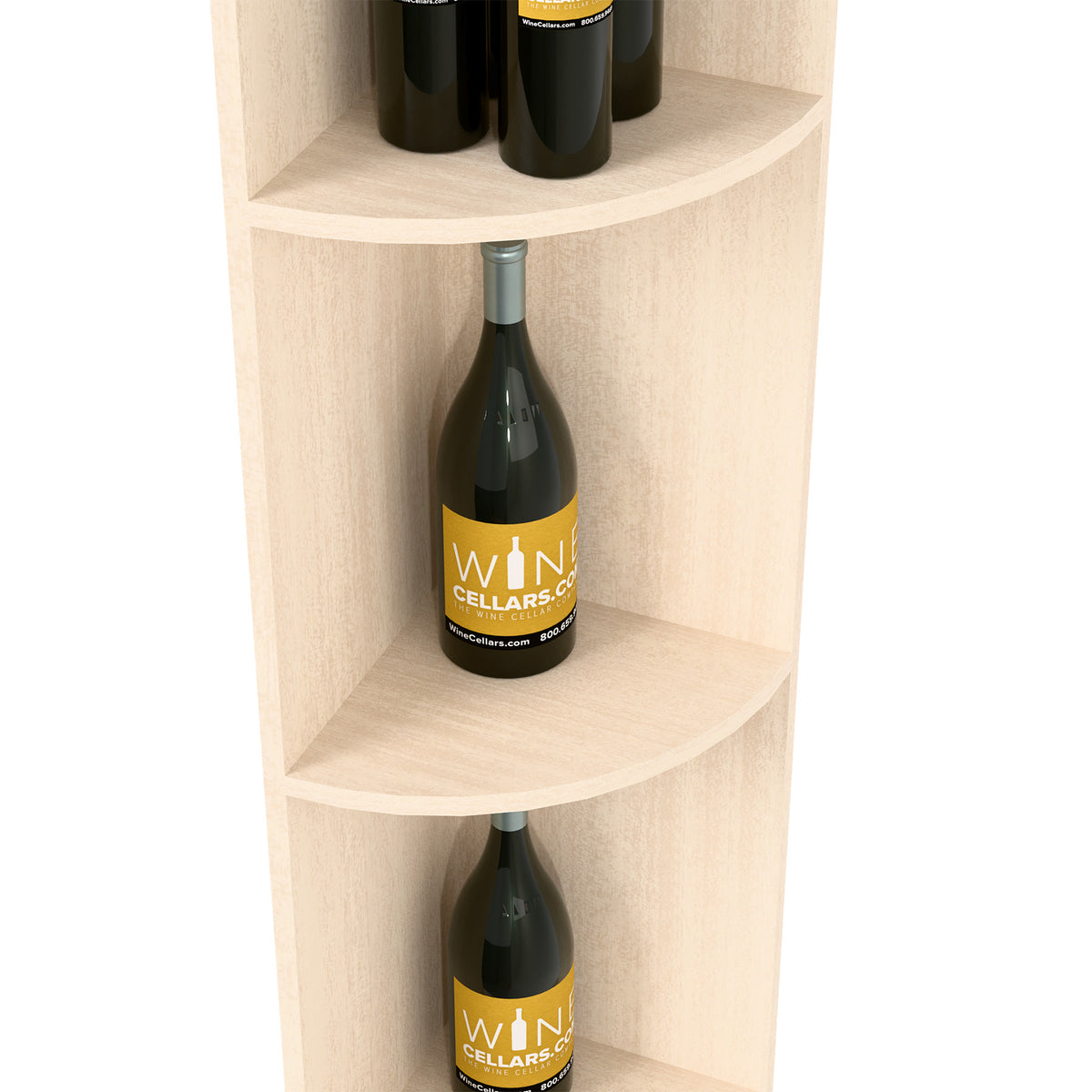 White quarter-round wine shelf close-up with curved tier holding a wine bottle