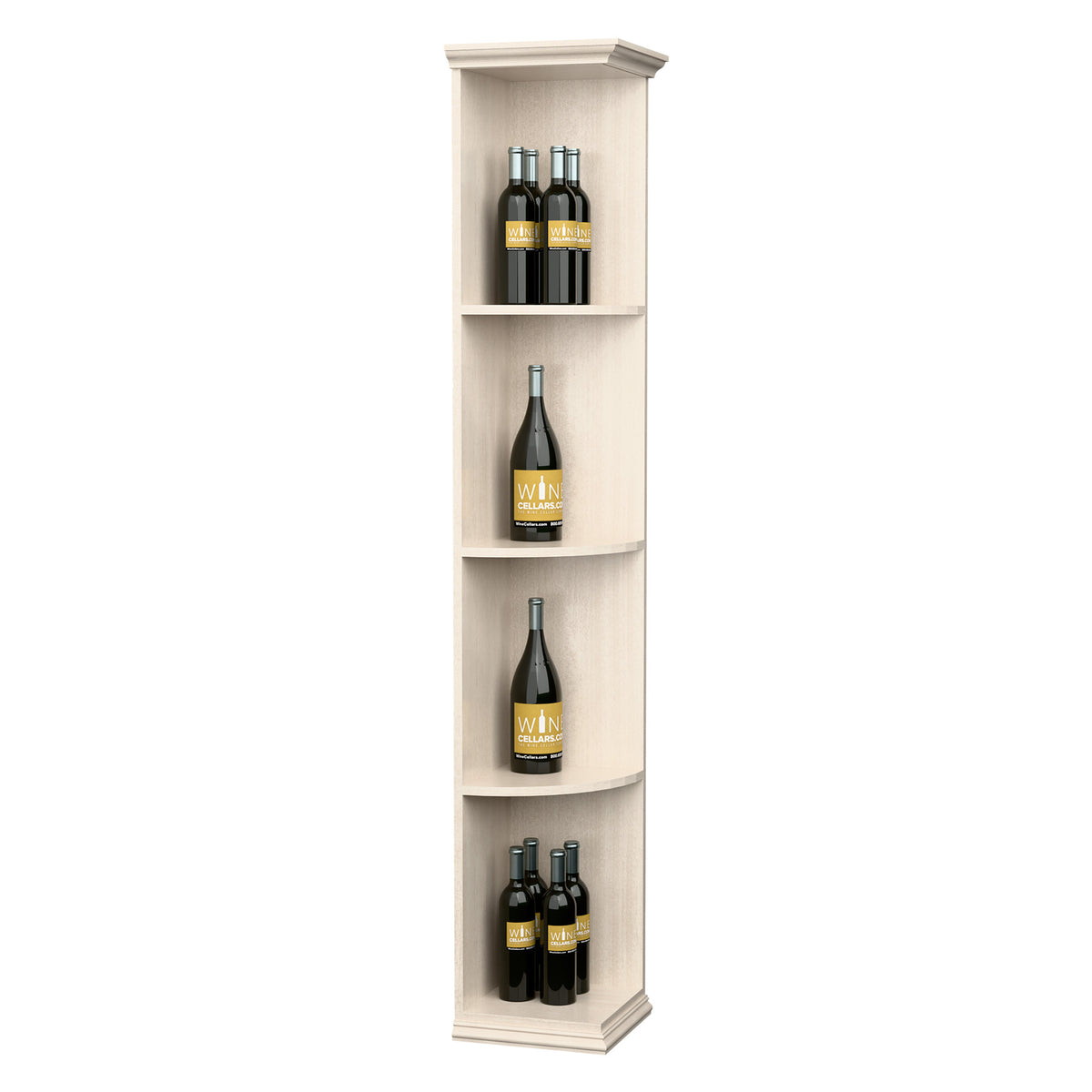 White quarter-round wine shelf with square base, curved tiers holding wine bottles