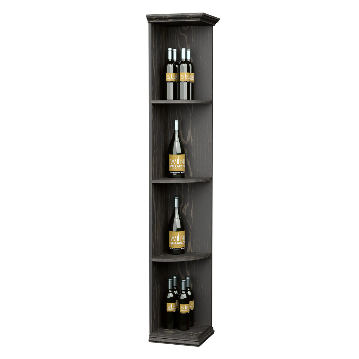 Dark wood quarter-round corner shelf unit with square base and three curved compartments