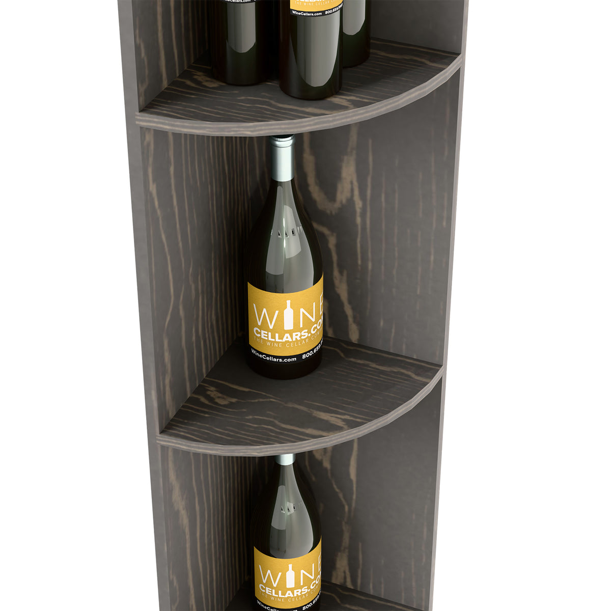 Close-up of dark quarter-round corner shelf with curved mid and lower bottle shelves