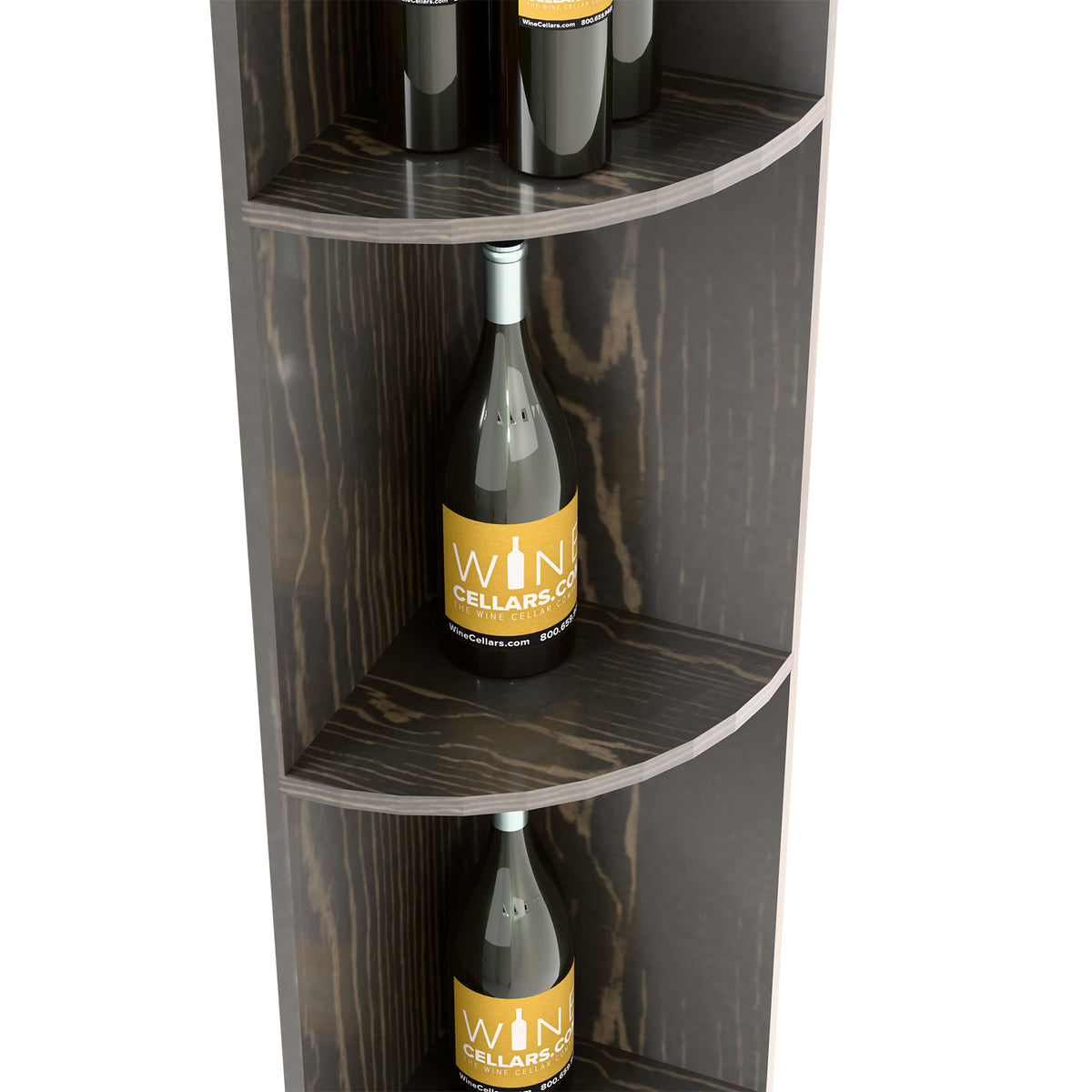 Angle view of dark quarter-round corner shelf with two curved bottle shelves inside