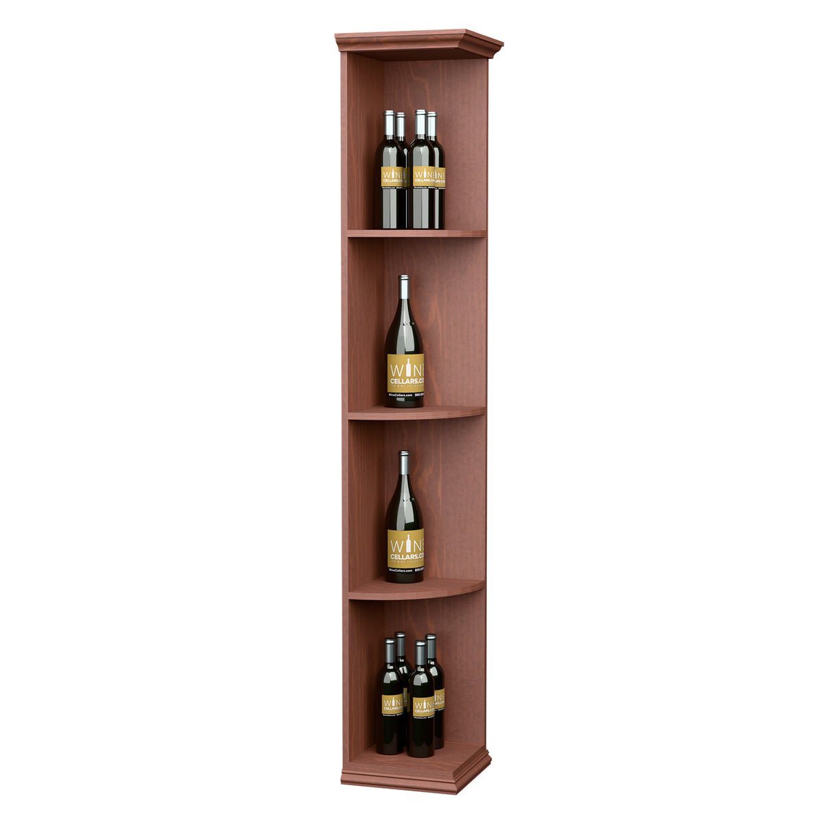 Red-brown quarter-round corner shelf with square base and three curved compartments