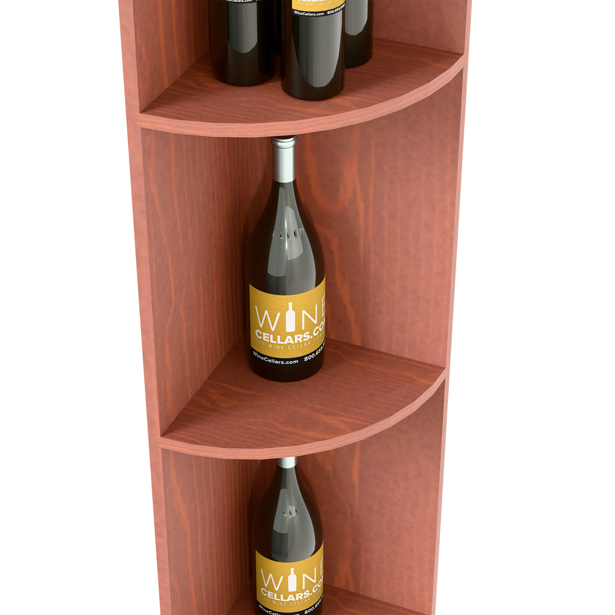 Close-up of red-brown quarter-round corner shelf with curved mid and lower bottle shelves