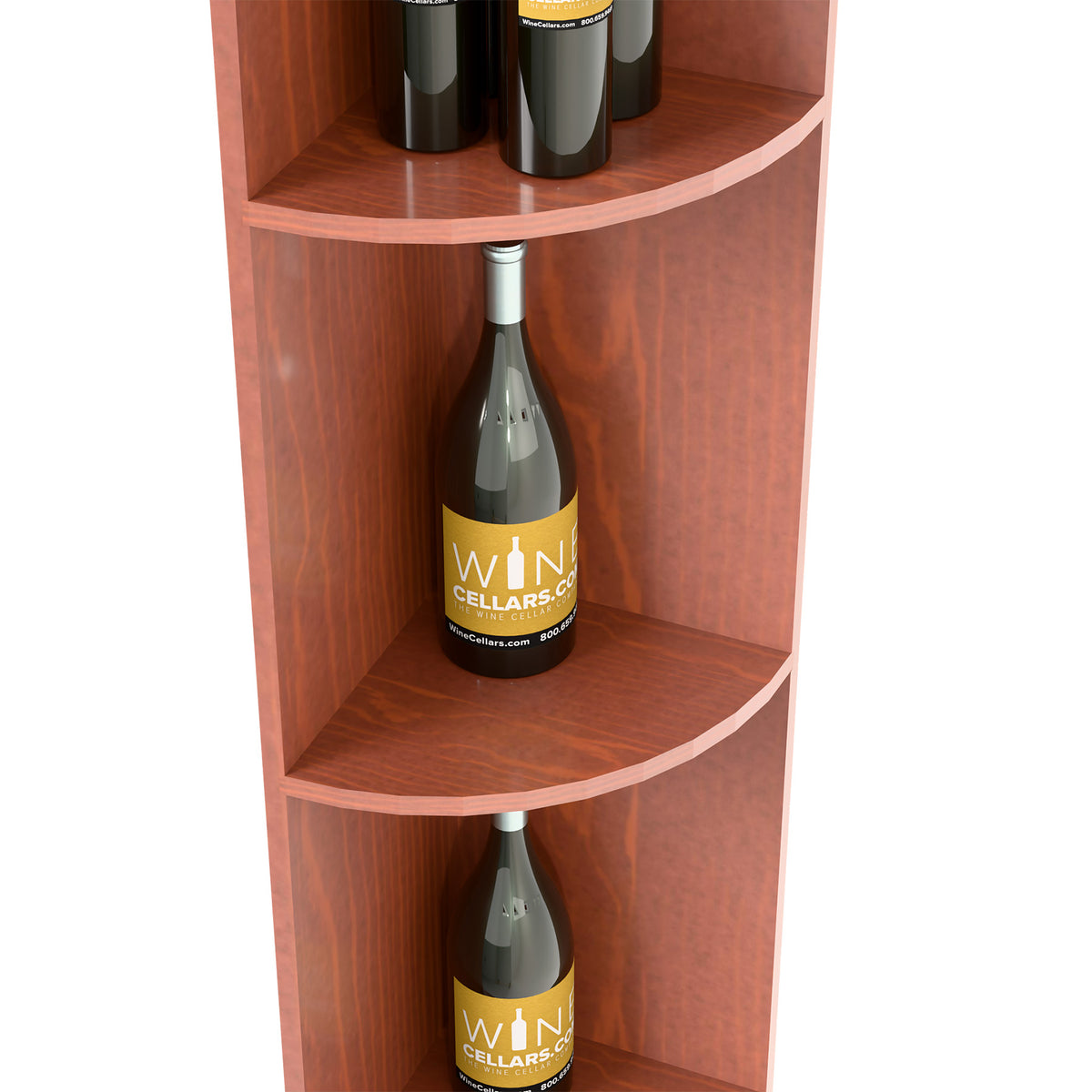 Angle view of red-brown quarter-round corner shelf with two curved bottle shelves