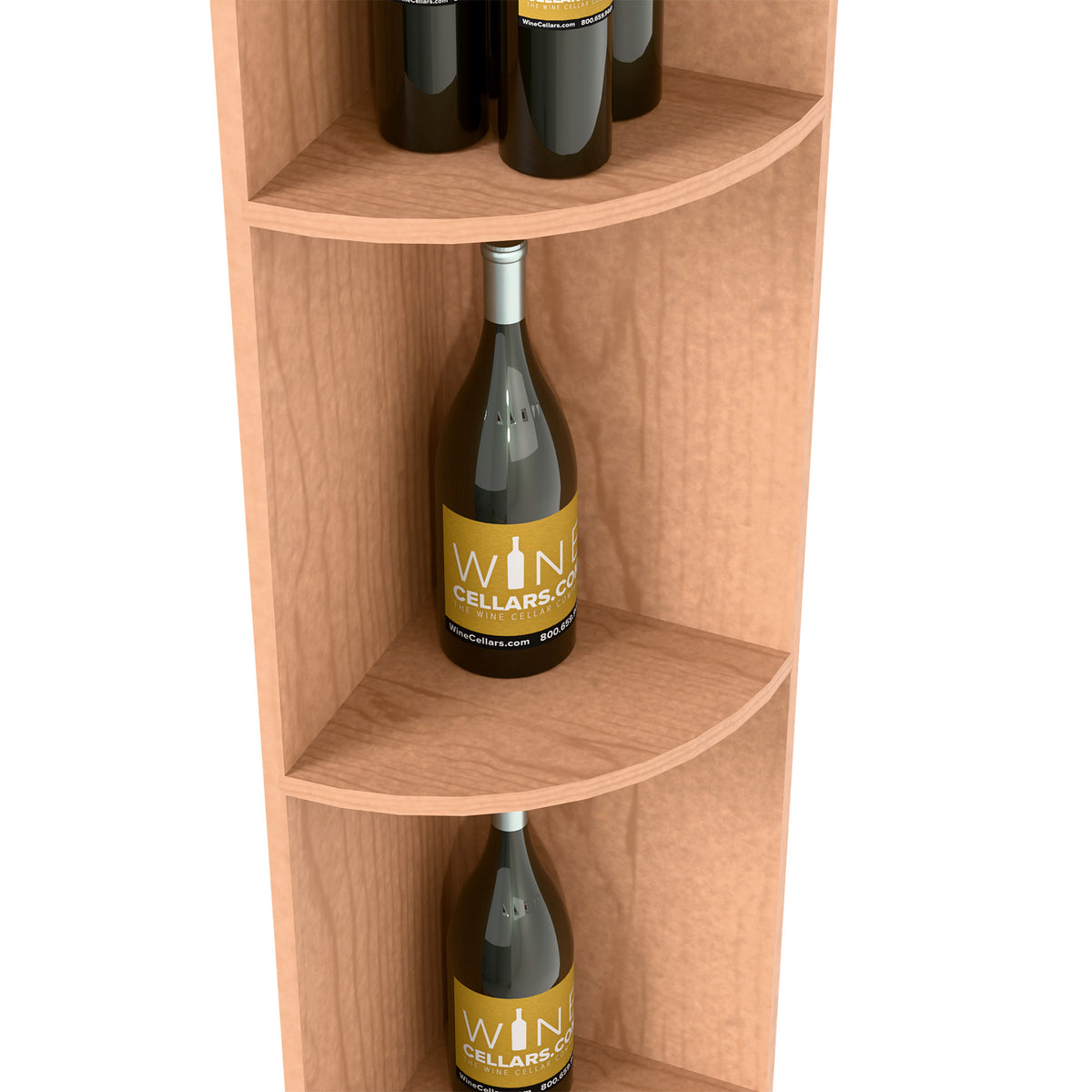 Close-up of light red-brown quarter-round corner shelf with curved upper and lower shelves