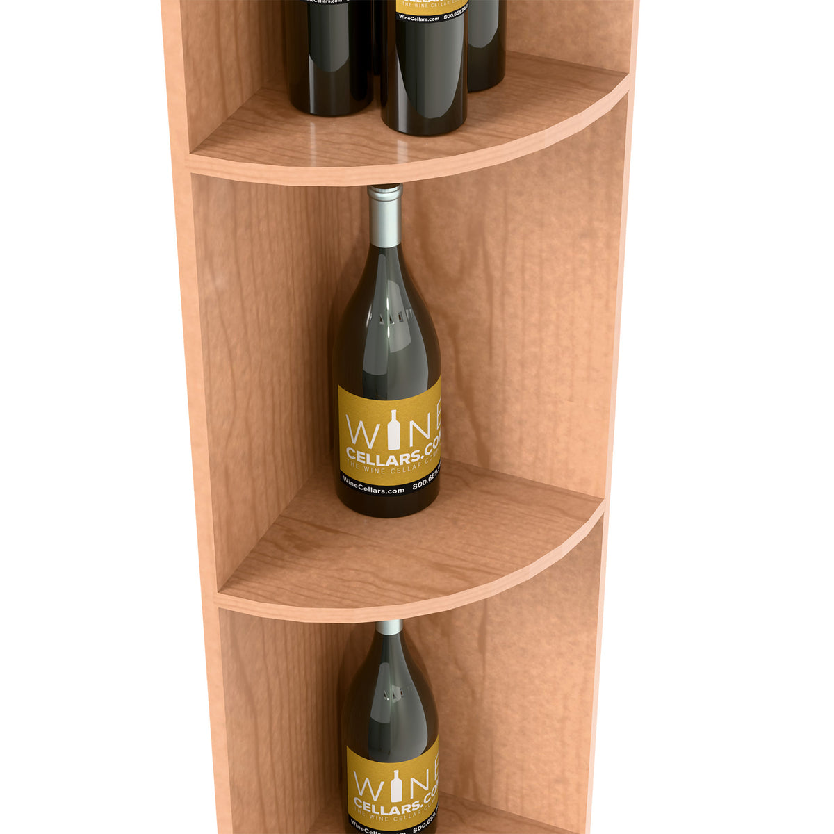 Quarter-round corner shelf detail with light wood curved tiers for bottle storage