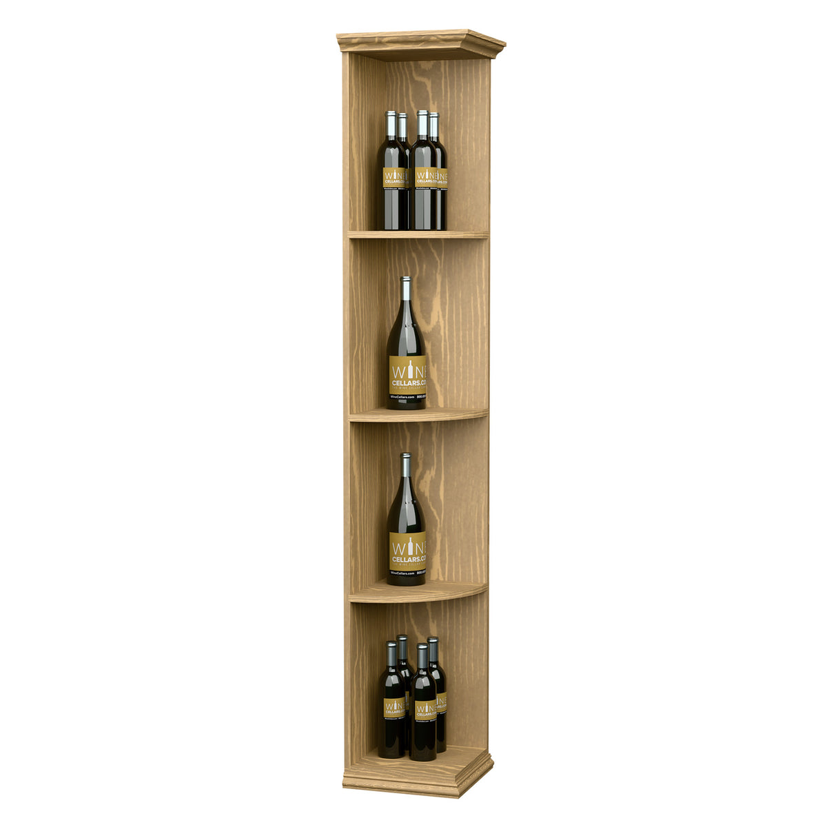 Solid quarter-round wall shelf with square base, natural wood tone, four-tier bottle display