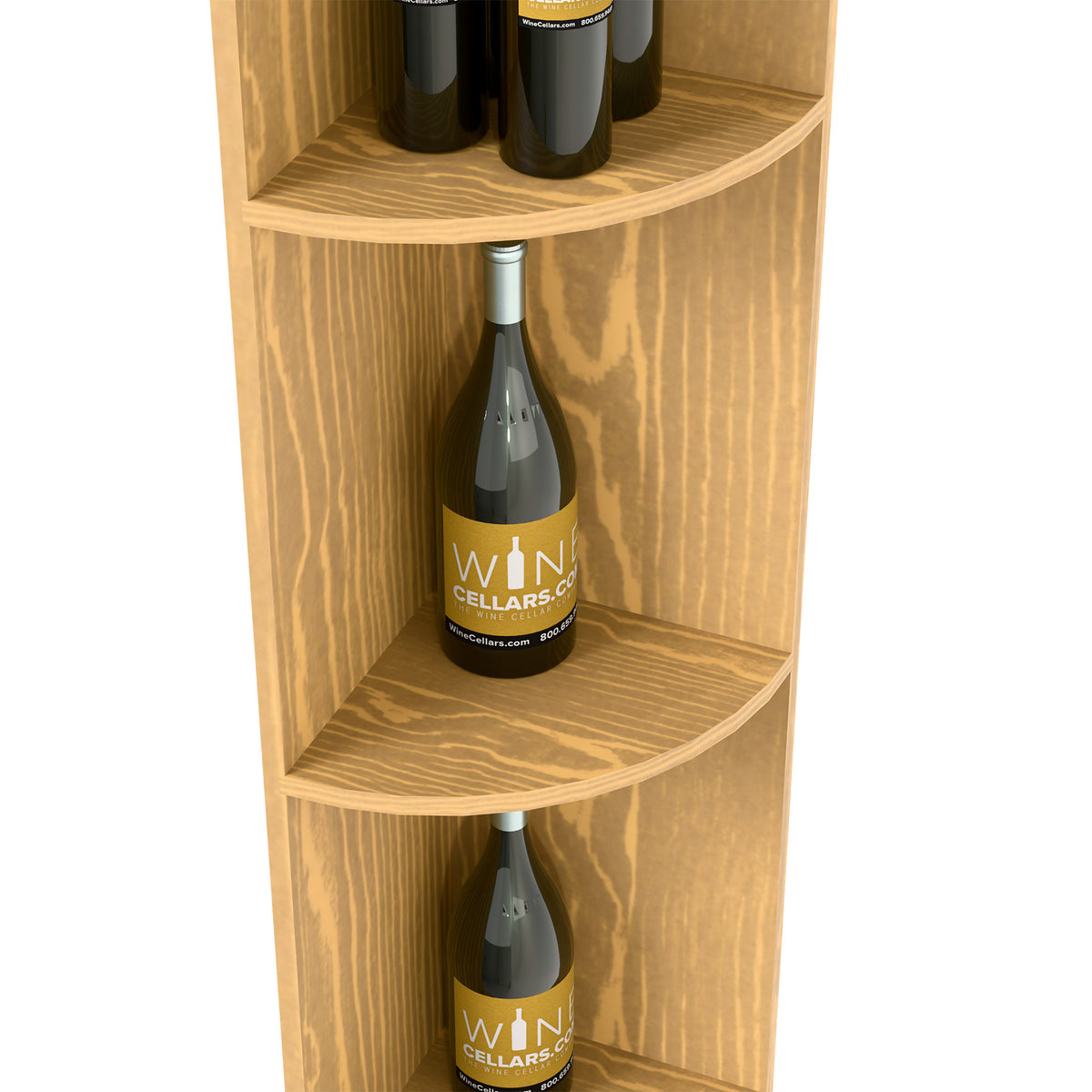 Quarter-round corner shelf detail in natural wood with curved middle tier for bottles