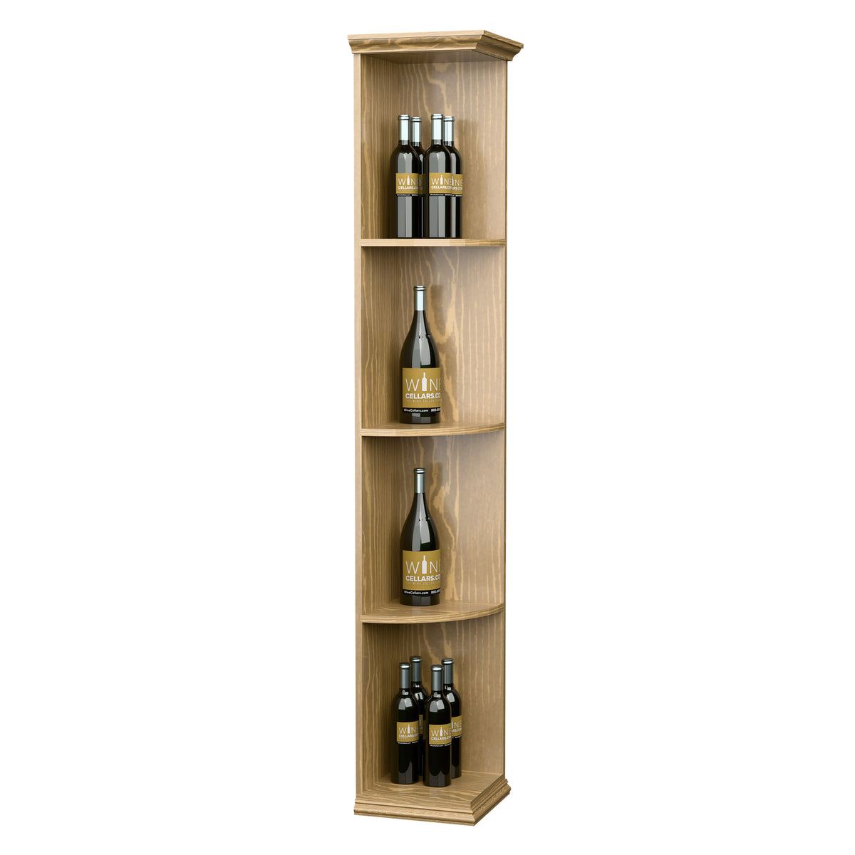 Solid quarter-round wall shelf with square base, light wood finish and four bottle cubbies