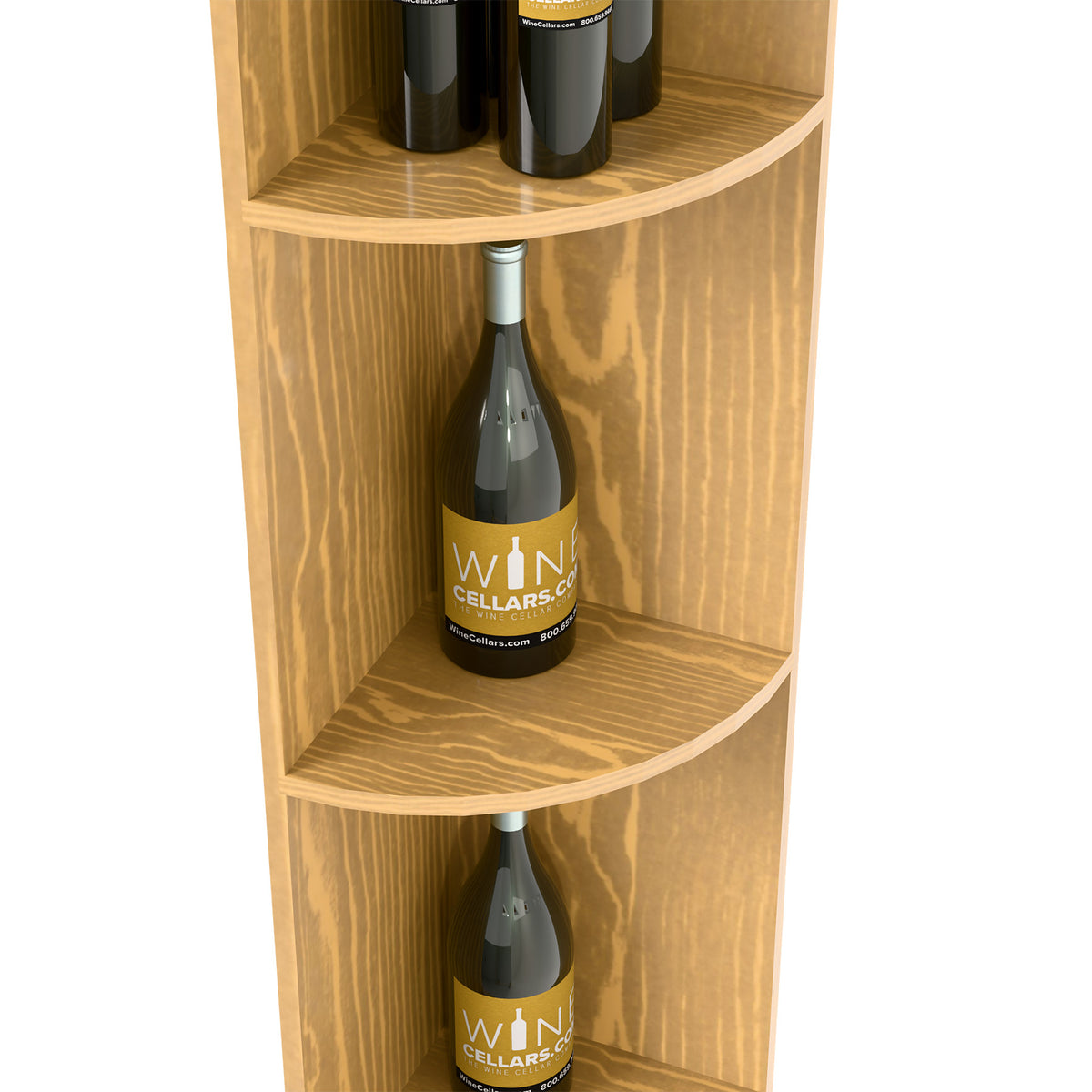 Quarter-round corner shelf detail with light wood grain and two curved bottle shelves