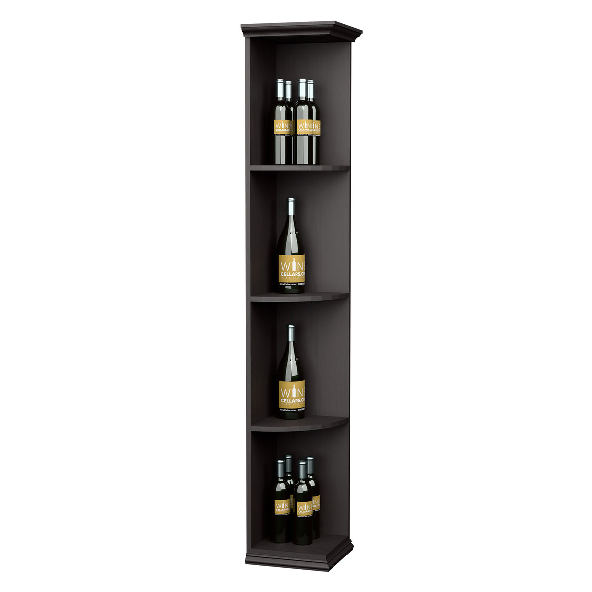 Solid quarter-round wall shelf with square base, dark finish, four-tier bottle display