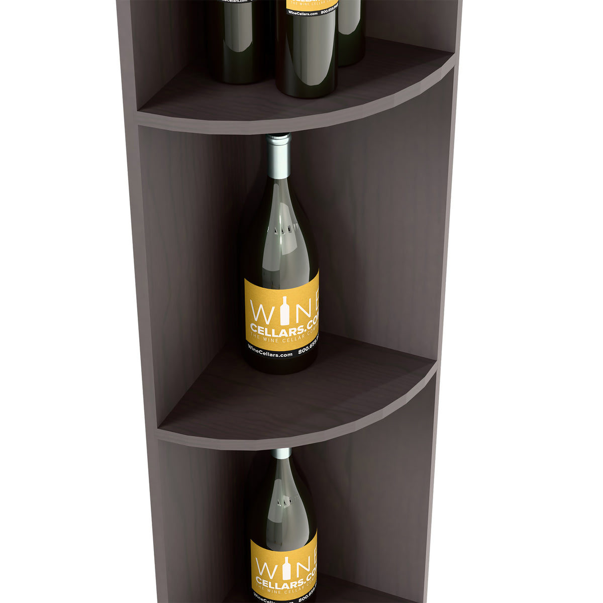 Quarter-round corner shelf detail in dark finish with curved bottle storage tiers