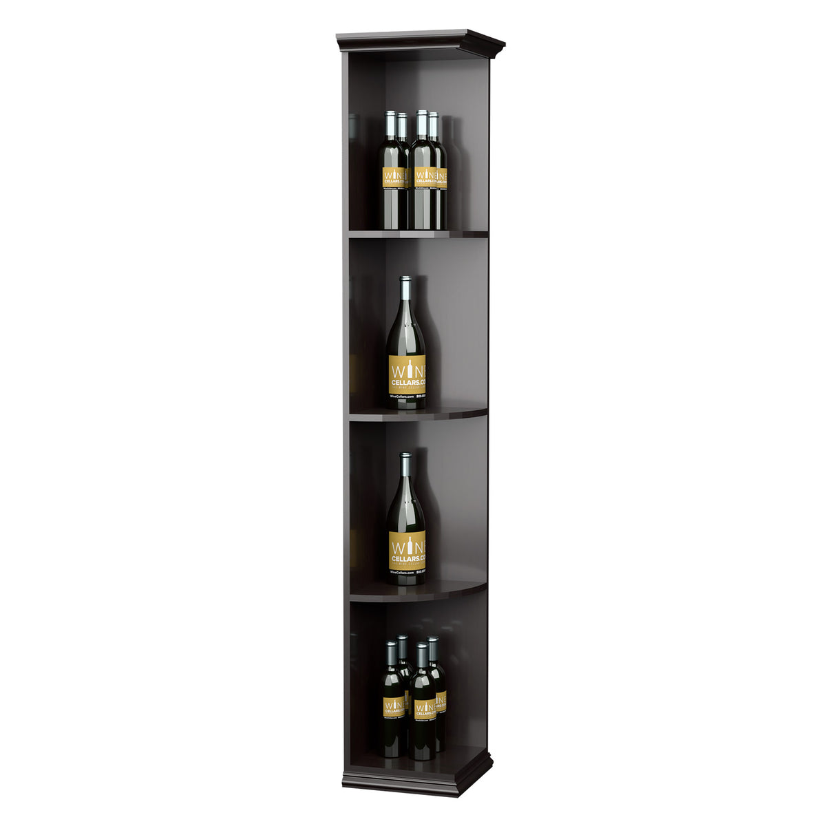 Solid quarter-round wall shelf with square base, dark stained wood, four bottle cubbies