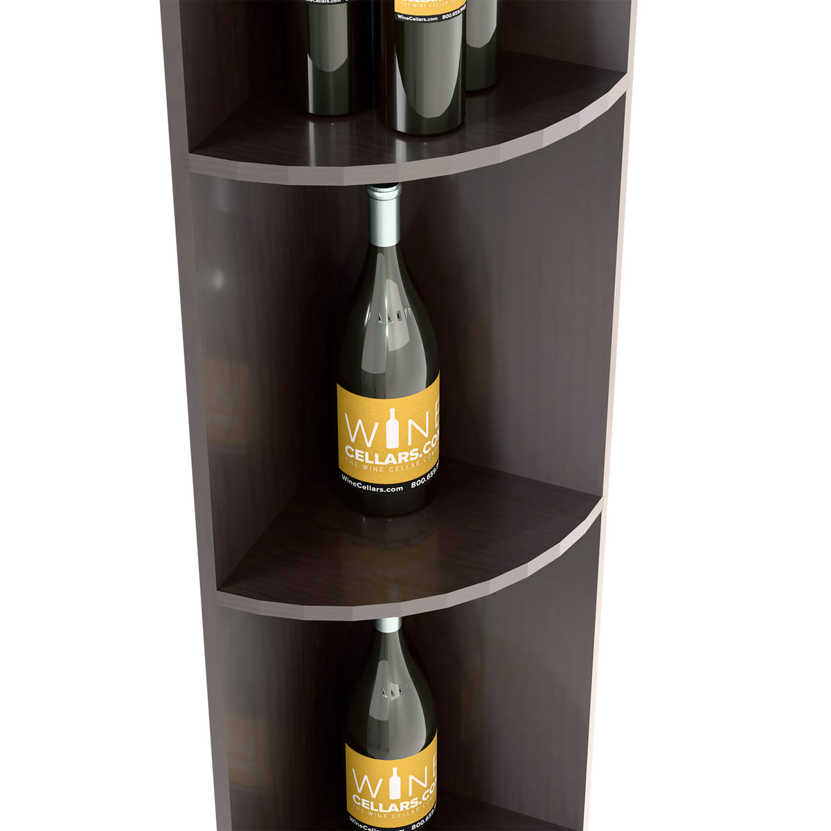 Quarter-round corner shelf detail in dark finish with two curved tiers for bottles
