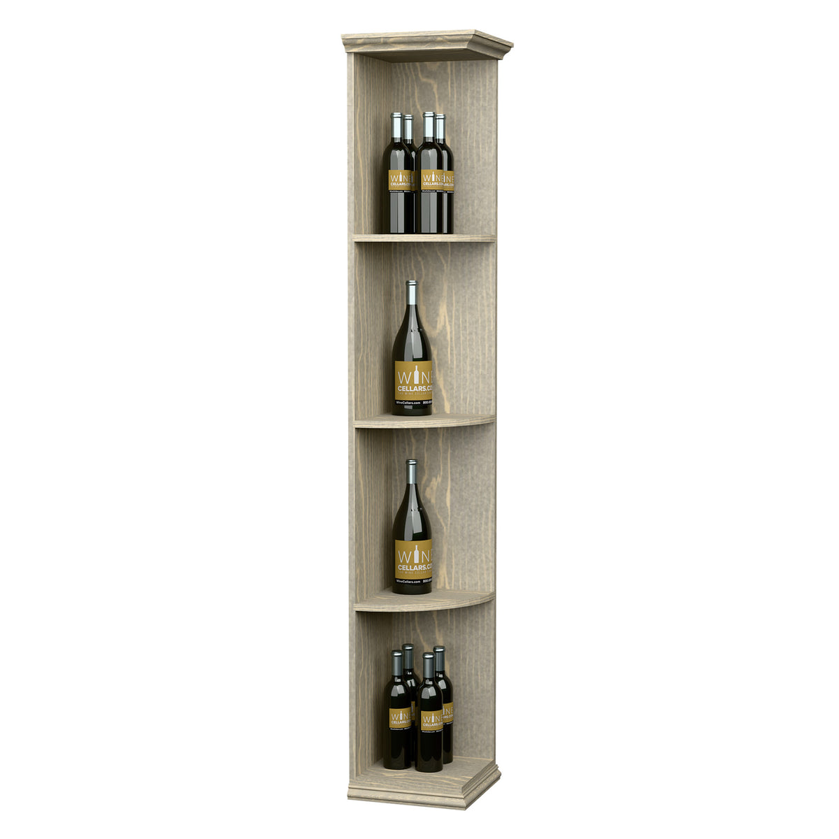 Quarter-round wooden shelf with square base, gray finish, four bottle slots