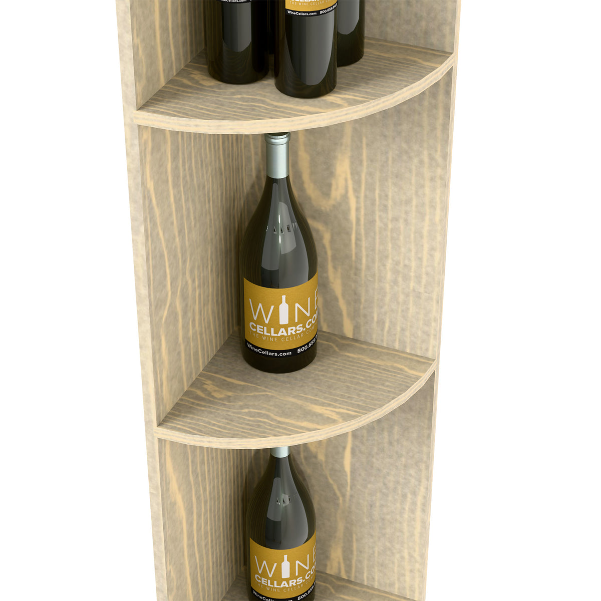 Quarter-round wooden wine shelf with gray finish, curved corner shelf and bottle