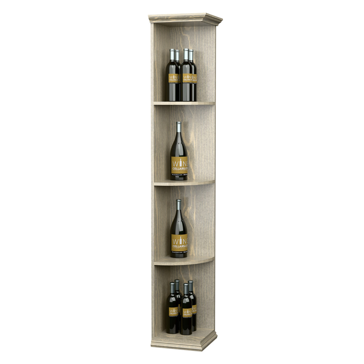 Quarter-round wooden shelf with square base, gray finish, open curved bottle shelves