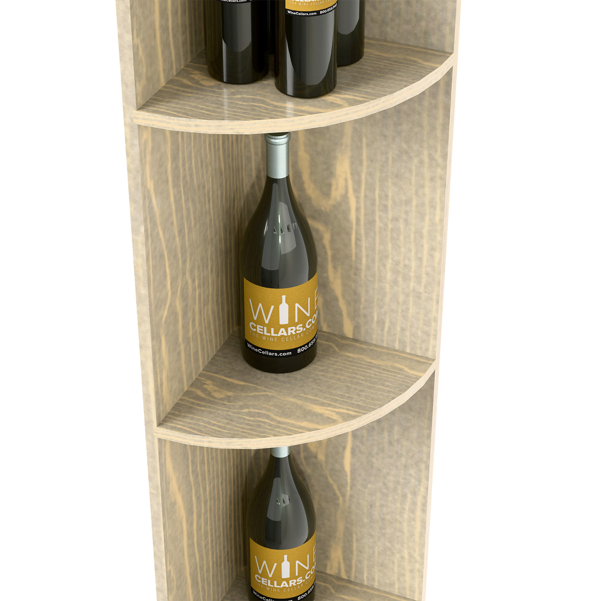 Quarter-round wooden wine shelf with gray finish, two curved shelves and bottle display