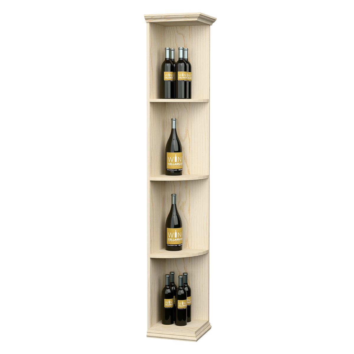 Quarter-round wooden shelf with square base, light natural finish, four bottle slots