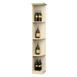 Quarter-round wooden shelf with square base, light natural finish, four bottle slots