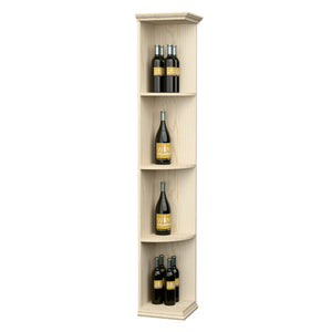 Quarter-round wooden shelf with square base, light natural finish, four bottle slots