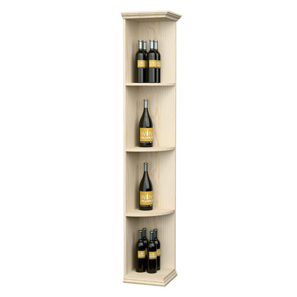 Quarter-round wooden shelf with square base, light natural finish, four bottle slots